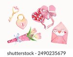 Watercolor cute Valentine elements collection