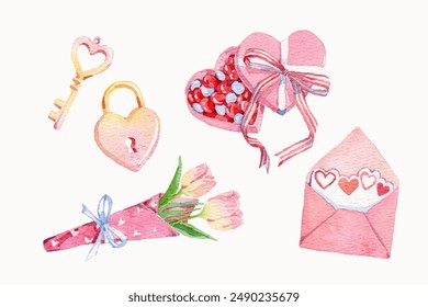 Watercolor cute Valentine elements collection