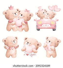 Watercolor cute Valentine teddy bear set