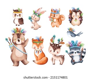 Watercolor Cute Woodland Tribal Animals Illustration 