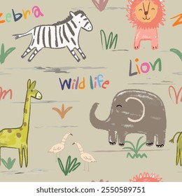 watercolor cute zebra elephant lion giraffe and bird cartoon seamless pattern