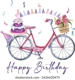Watercolor cycle with cake and flowers, birthday theme Cycle with cake and hat vector