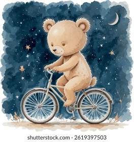 watercolor cycling bear under the stars at night