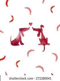 watercolor dachshund silhouette. Love dog. valentine"s card. Love you. 2 lovely dogs in love. Watercolor greeting card template. Cute background for wedding invitation. 