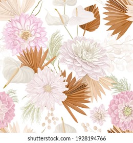 Watercolor Dahlia Flower, Palm Leaves, Pampas Grass, Lunaria Vector Seamless Background. Jungle Dried Flowers Pattern. Tropical Boho Design For Wedding, Textile Print, Wallpaper Texture, Backdrop