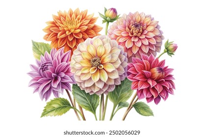 watercolor Dahlia flowers, botanical illustration hand drawing, Coloreds flowers 