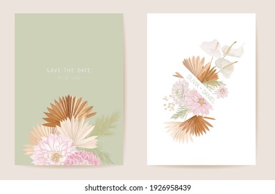 Watercolor dahlia, pampas grass, lunaria floral wedding card. Vector exotic flower, tropical palm leaves invitation. Boho template frame. Botanical Save the Date foliage cover, modern design poster