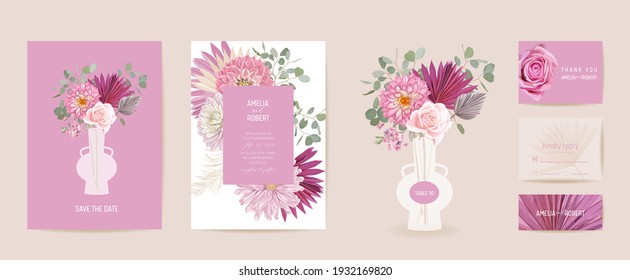 Watercolor dahlia, pampas grass, rose floral wedding card. Vector exotic flower, tropical palm leaves invitation. Boho template frame. Botanical Save the Date foliage cover, modern design poster