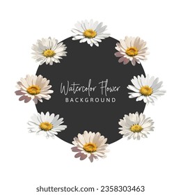 Watercolor daisy flower frame square shape post template with black circle shape background. Post template for social media post, advertising post, banner, poster, invitation card, cover design, etc.