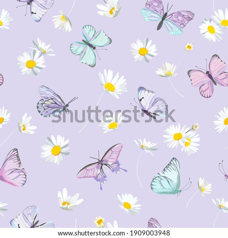 Watercolor daisy flowers and butterfly vector background. Seamless spring floral pattern. Summer beautiful textile, rustic wallpaper, camomile illustration, garden fabric, wrapping paper design