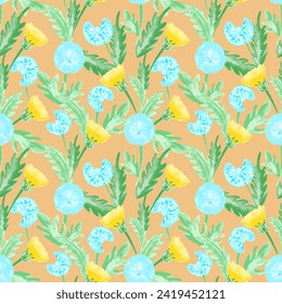 Watercolor dandelion field seamless pattern with light background for cover, packaging, fabric decorative design. Abstract texture.