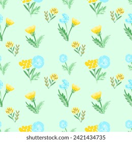Watercolor dandelion field seamless pattern with light background for cover, packaging, fabric decorative design. Abstract texture.