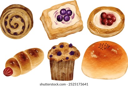 Watercolor Danish Pastry and Dessert Illustration. Swiss Roll. Cake. Assorted Breads. Poffertjes. Muffin, Sausage Bread. Cookies. 