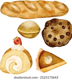 Watercolor Danish Pastry and Dessert Illustration. Swiss Roll. Cake. Assorted Breads. Poffertjes. Muffin, Sausage Bread. Cookies. 