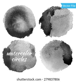 Watercolor Dark Grey Vector Circles Set. Isolated watercolor paint circles over white background. Retro background. Hand drawn Abstract Grunge shape for Business background.