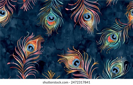 	
watercolor dark pattern with peacock feathers