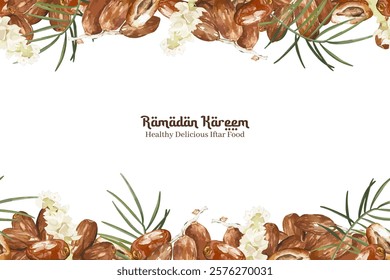 Watercolor dates fruit seamless border vector art for ramadan, iftar party card and others. Illustration of dates or palm fruit with leaves and flowers.