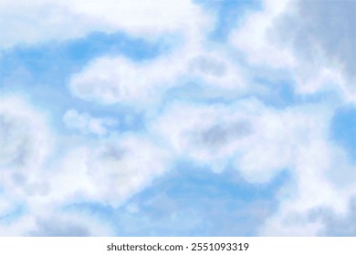 Ilustración vectorial del cielo diurno de la acuarela. Cielo vasto, fondo azul, nubes azules blancas. Nubes de varios tamaños y Formas.