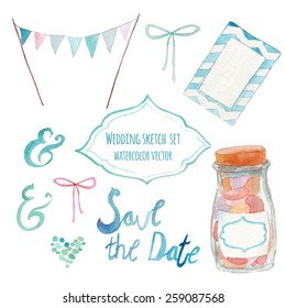 Watercolor decor wedding set. Rustic style objects: flags garland, frames, bow, candy bottle, dots heart, table card, save the date lettering. Hand painted vintage set. 