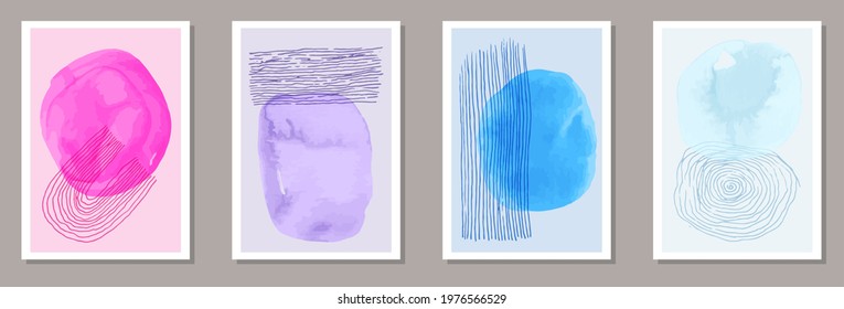 Watercolor decorative canvas vector set. Watercolor blotches backgrounds. 60s style frames. Stylish home decor templates. Scribble elements.