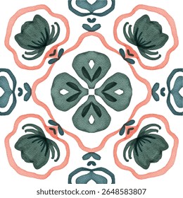 Watercolor decorative colorful ornament on isolated background. Symmetric seamless batik floral mandala tribal ethnic pattern for fabric textile card wallpaper	
