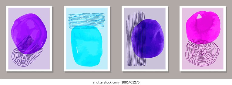 Cubiertas decorativas de color de agua conjunto vectorial. Collage de manchas acuáticas. marcos de estilo de los años 50. Cómodos modelos de decoración. Elementos Doodle.