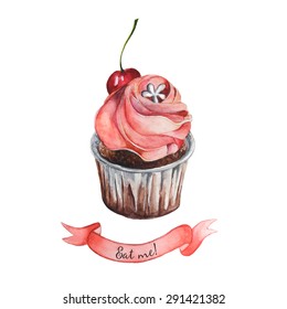 Watercolor decorative cupcake with ribbon and sample eat me text. Isolated. Easy to use for different design of menu, advertisement, cafe, postacrd, card etc