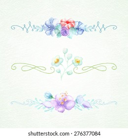 Watercolor decorative elements, three vector objects. Isolated headers, borders for postcards, backgrounds in vintage style. 