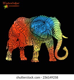 Watercolor decorative elephant in graphic style, tribal totem animal, vector illustration, isolated on black background