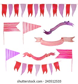 Watercolor decorative flags, ribbons and garlands set in vector. Pink romantic elements for Valentine's day design.