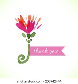 Watercolor decorative flower with thank you text. Vector illustration