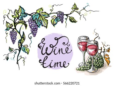 Watercolor decorative frame from grape and glasses in graphic style hand-drawn vector illustration.