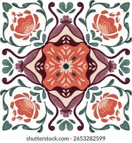 Watercolor decorative ornament on isolated background. Symmetric seamless batik floral mandala tribal ethnic pattern for fabric textile card wrapping wallpaper