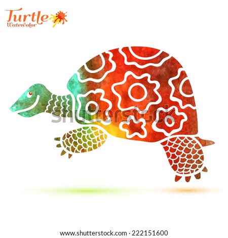 Watercolor decorative ornamental turtle with sign, colorful hand drawn artwork for print, wallpaper, web pages, surface design, textile, fashion, cards, vector illustration