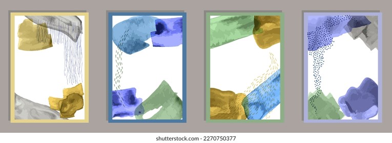 Watercolor decorative postcards vector set. Watercolor smudges texture. Scandinavian style prints. Stylish house decor templates. Scribble elements.