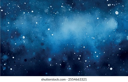 Watercolor deep blue background with subtle watercolor washes and small bright accents resembling the glow of stars on a frosty night	