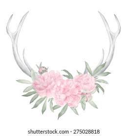 Watercolor Deer Antlers And Flowers