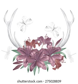 Watercolor deer antlers and flowers