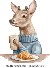 Watercolor deer character animal in sweater clothes drinks hot coffee drink and eats croissant vector