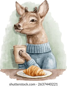 Watercolor deer character animal in sweater clothes drinks hot coffee drink and eats croissant vector
