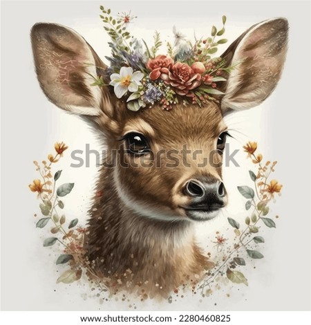 Watercolor deer in floral bouquet. Drawn childish clipart animal forest, silver, green plants and flowers. Watercolor painting funny deer for kids. Baby cute animal white-tailed deer.