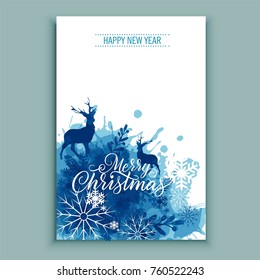 Watercolor deer in forest, abstract background. Hand drawn Merry Christmas symbol, decor Santa's helper.Perfect for Christmas and new year cards, invitations.