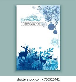 Watercolor deer in forest on  blue paint designs abstract background. Hand drawn Merry Christmas symbol, Santa's helper.Perfect for Christmas and new year cards, invitations.