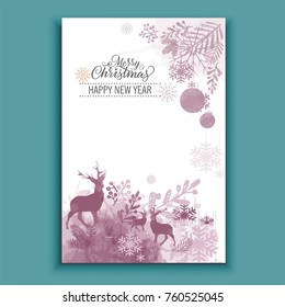 Watercolor deer in forest on  violet paint designs abstract background. Hand drawn Merry Christmas symbol, Santa's helper.Perfect for Christmas and new year cards, invitations.