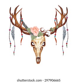 Watercolor Deer Skull  Coral Rose  Feathers  Cotton Flowers & Beaded Ribbons  isolated white background  Boho style  Vector Element for your design  Hand drawn illustration  Ethnic themed design 
