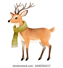 Watercolor deer in warm scarf. Hand painted illustration on white background