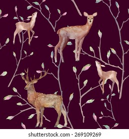 Watercolor deers in forest pattern. Seamless texture with various deer and tree twigs. Hand drawn natural repeating background. vector illustration