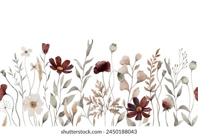 Aquarell Zarte getrocknete Wildblume nahtlose Grenze	