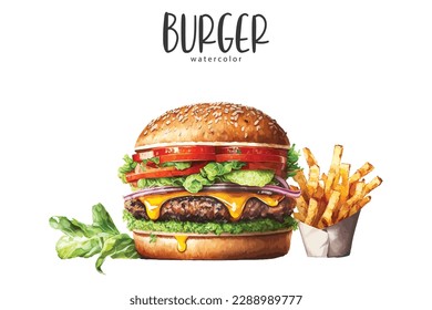 Watercolor delicious burger and french fries on white background