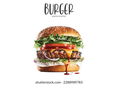 Watercolor delicious burger on white background